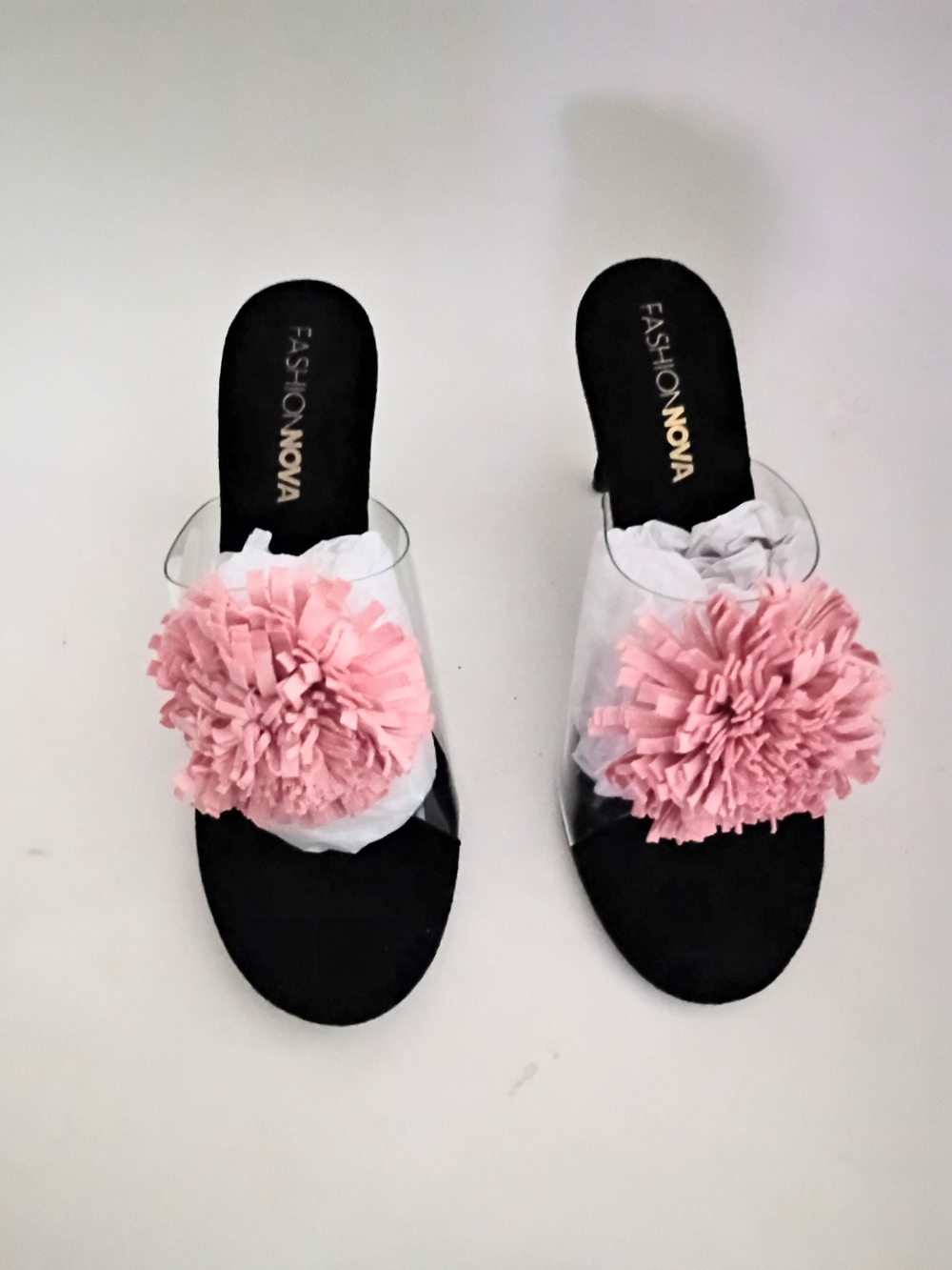 Fashion Nova Black Slide Sandals with Pink Pom Accent